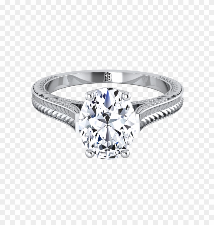 Oval Antique Inspired Engraved Diamond Engagement Ring - Engagement Ring Oval Diamond With Side Stones Rose Clipart