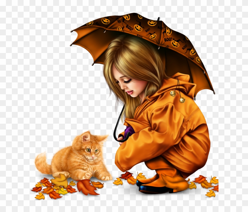 Little Girl In Raincoat With A Kitty Png - Drawing Clipart
