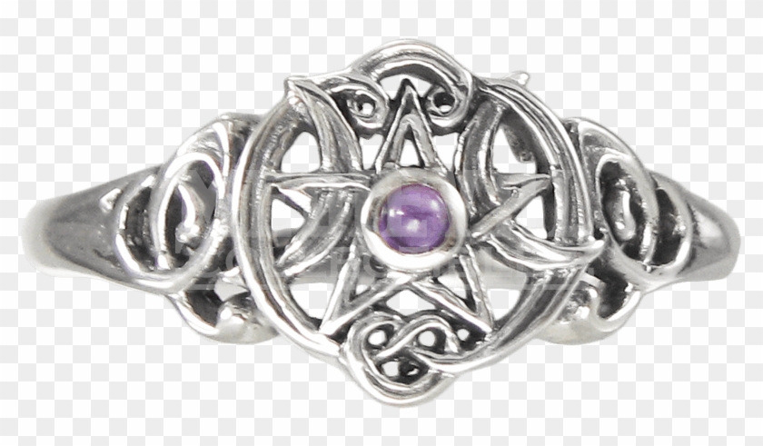 Silver Heart Pentacle Ring With Amethyst Accent - Pagan Rings Clipart