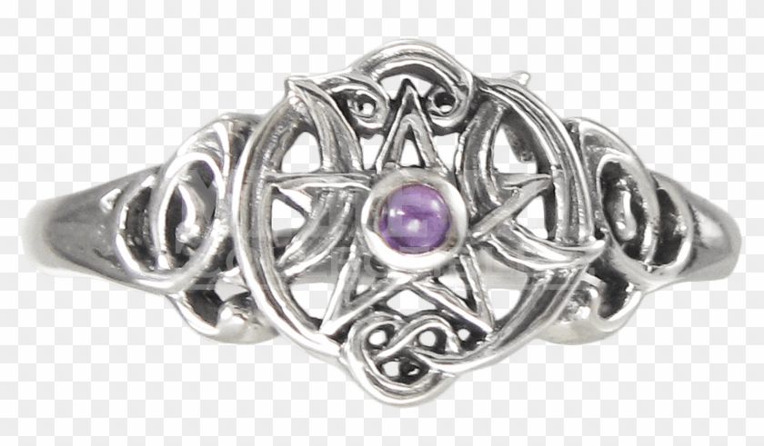 Silver Heart Pentacle Ring With Amethyst Accent - Pagan Rings Clipart #2633528