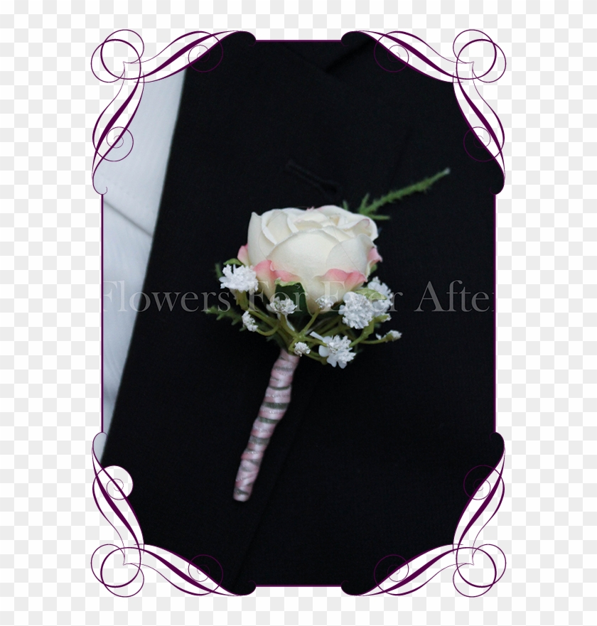 Silk Artificial Cream Blush Rose And Baby's Breath - Wedding Groomsmen Boutonniere White Clipart #2642974