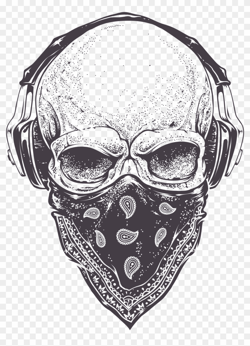 Banner Drawing Skull - Skull With Headphones And Bandana Clipart #2644987