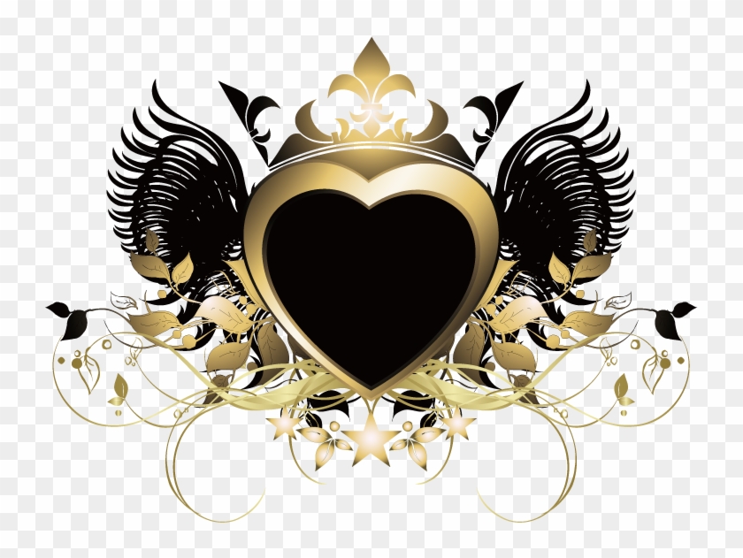Heart Wings Crown Gold Goldandblack Swirls Decor Decoration - Vector Graphics Clipart