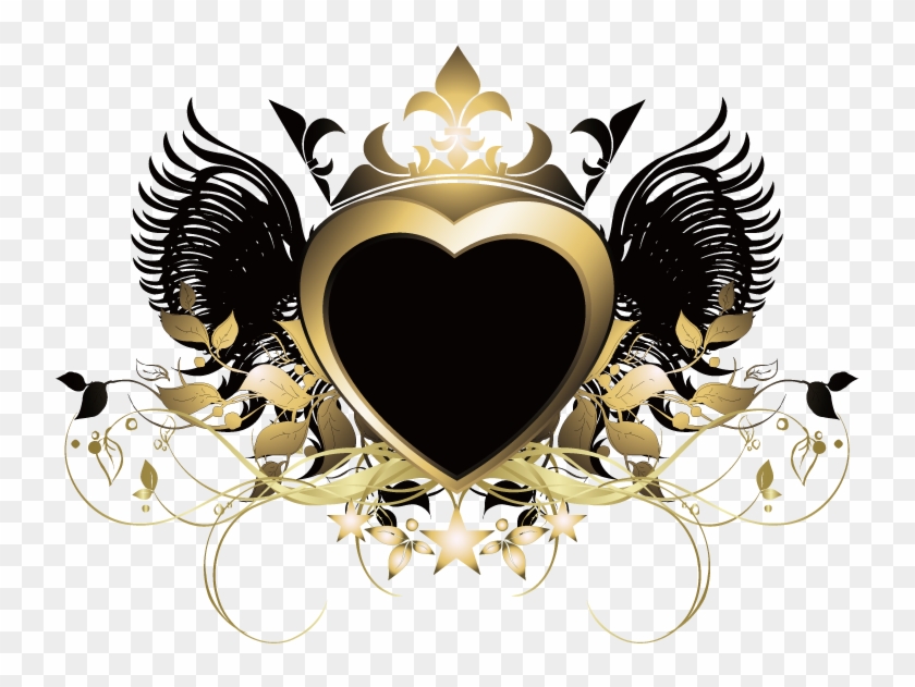 Heart Wings Crown Gold Goldandblack Swirls Decor Decoration - Vector Graphics Clipart #2678482