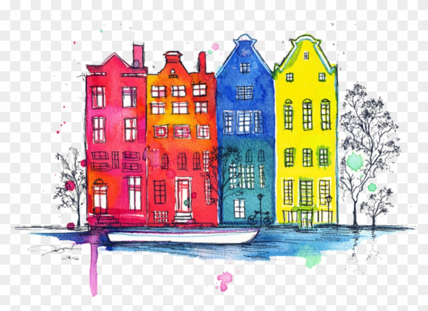 Buildings Watercolor Colorful Freetoedit - Watercolour And Pen Art Clipart