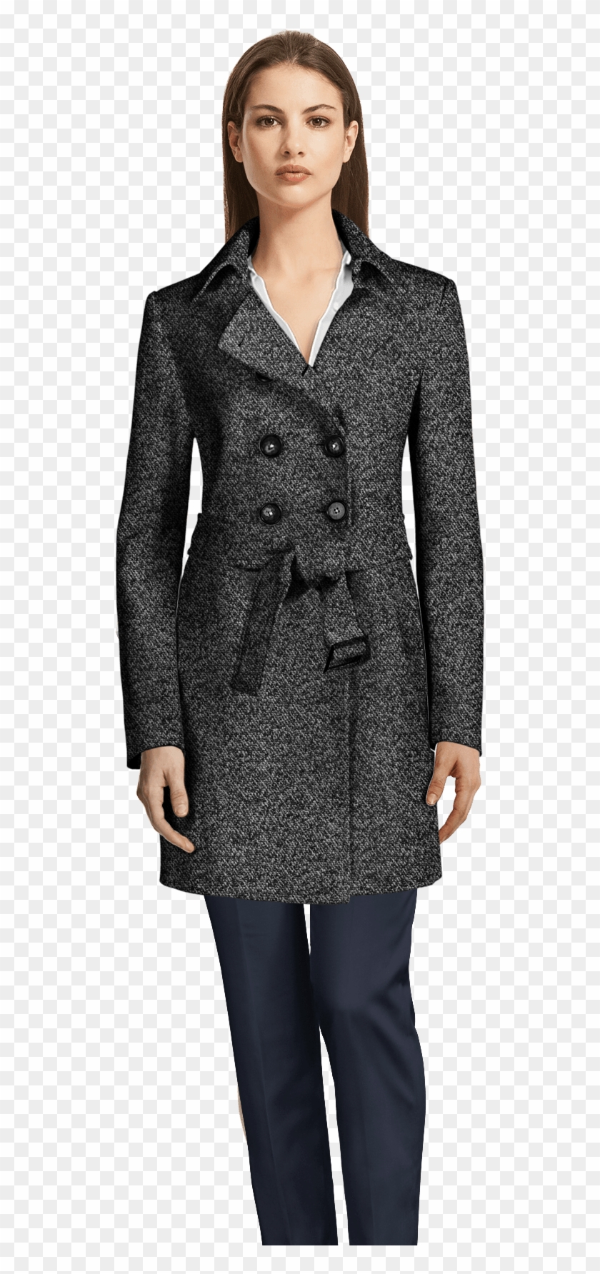 Grey Belted Double Breasted Coat - Skirt Womens Tweed Suit Clipart