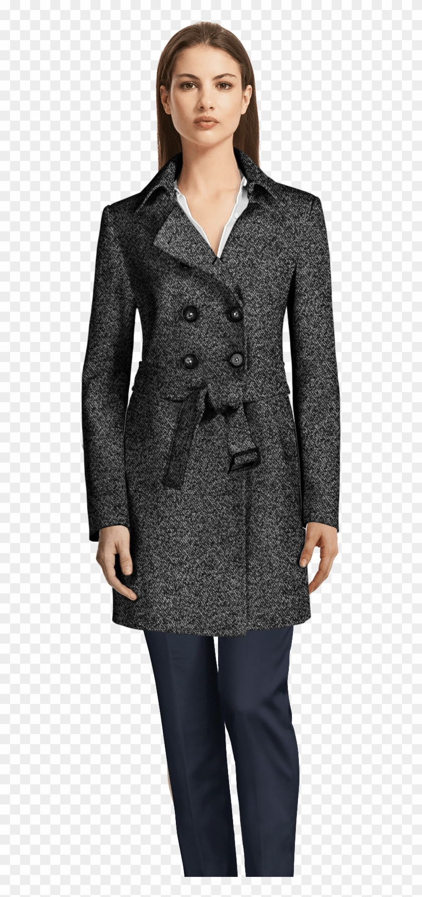 Grey Belted Double Breasted Coat - Skirt Womens Tweed Suit Clipart #2703770