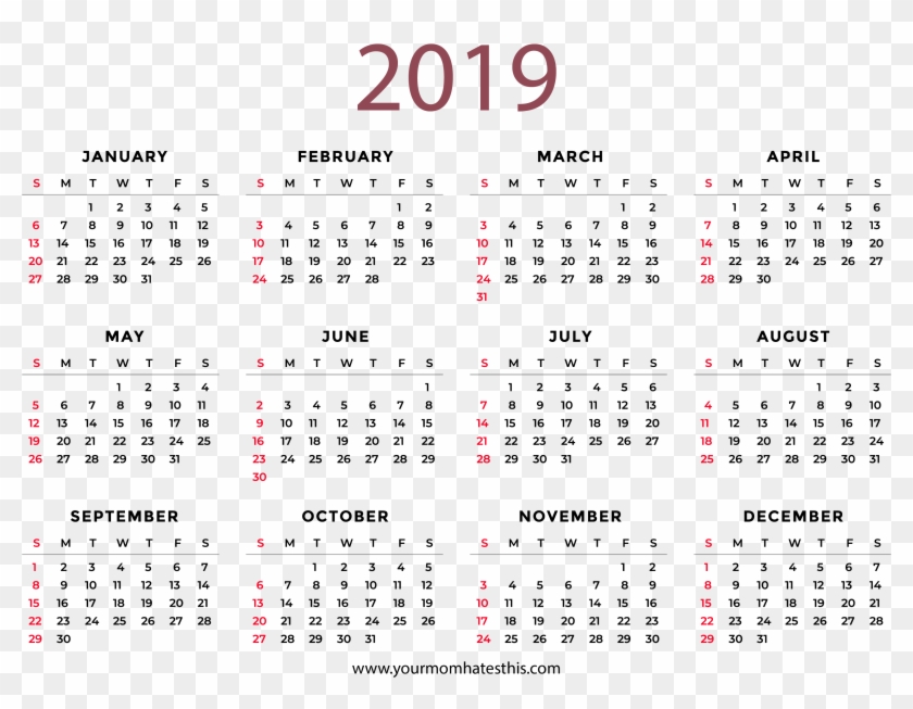 Printable - Full Year 2019 Calendar Clipart