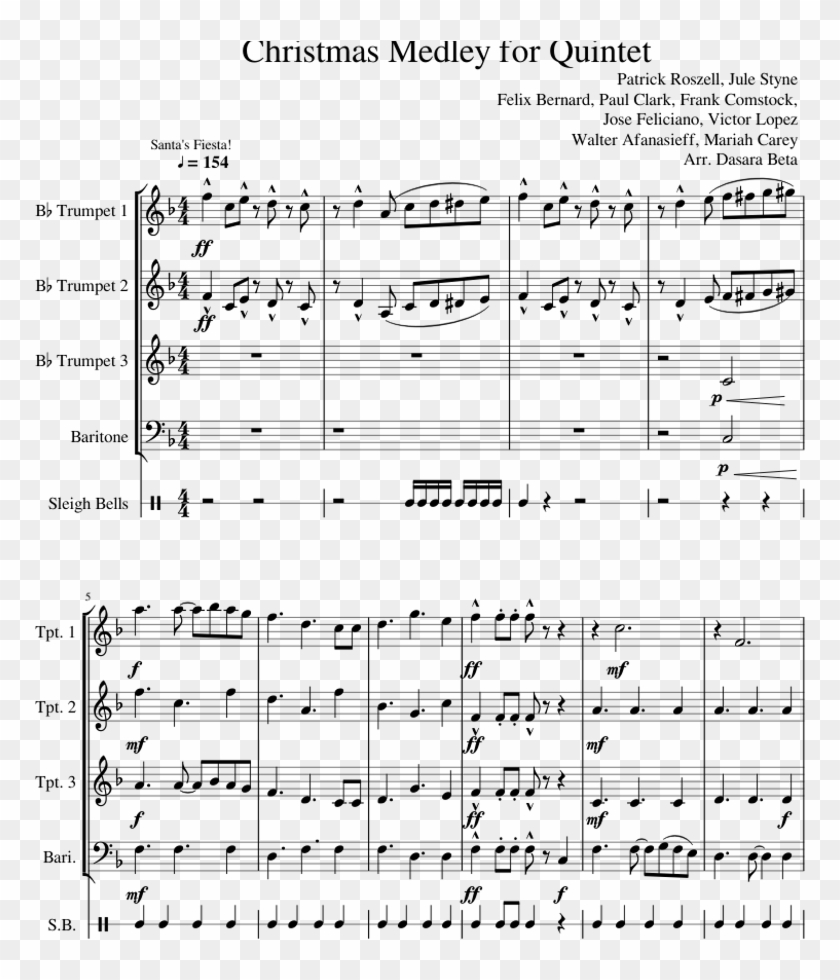 Christmas Medley For Quintet Sheet Music For Trumpet, - Sheet Music Clipart