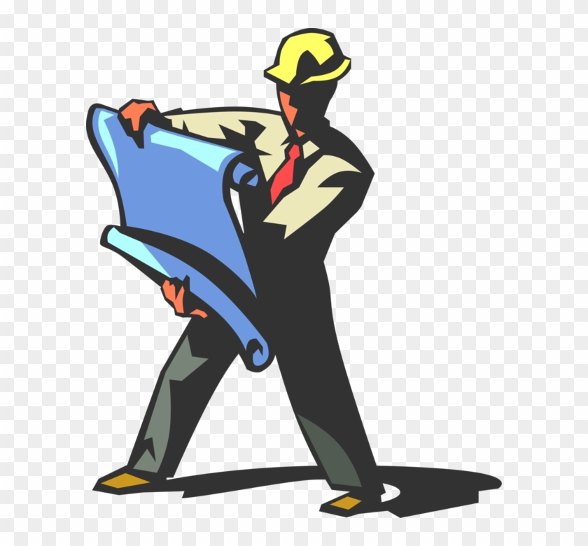 Vector Illustration Of Construction Worker Reads Blueprint - Blueprints Clip Art - Png Download