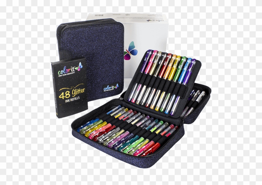 48 Glitter Gel Pen Set, 48 Ink Refills, Travel Case - Colorit Pen Clipart #2824809