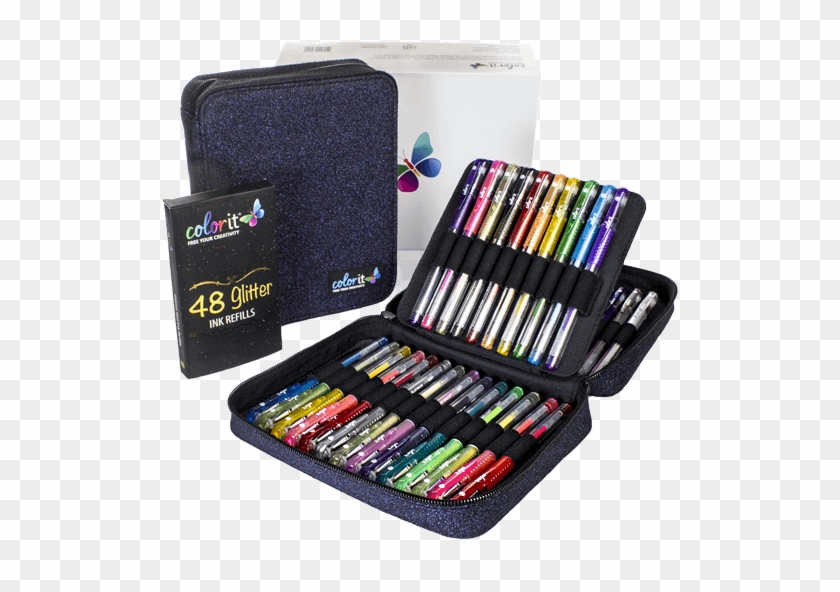 48 Glitter Gel Pen Set, 48 Ink Refills, Travel Case - Colorit Pen Clipart