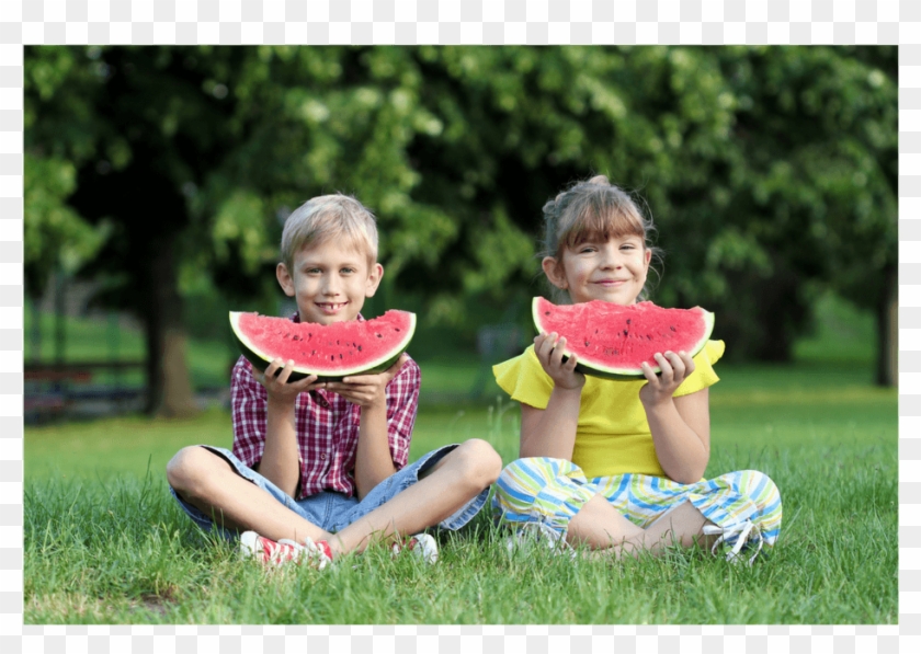 Friends Sitting Side By Side Eating Watermellon - Sitting Clipart #2854216