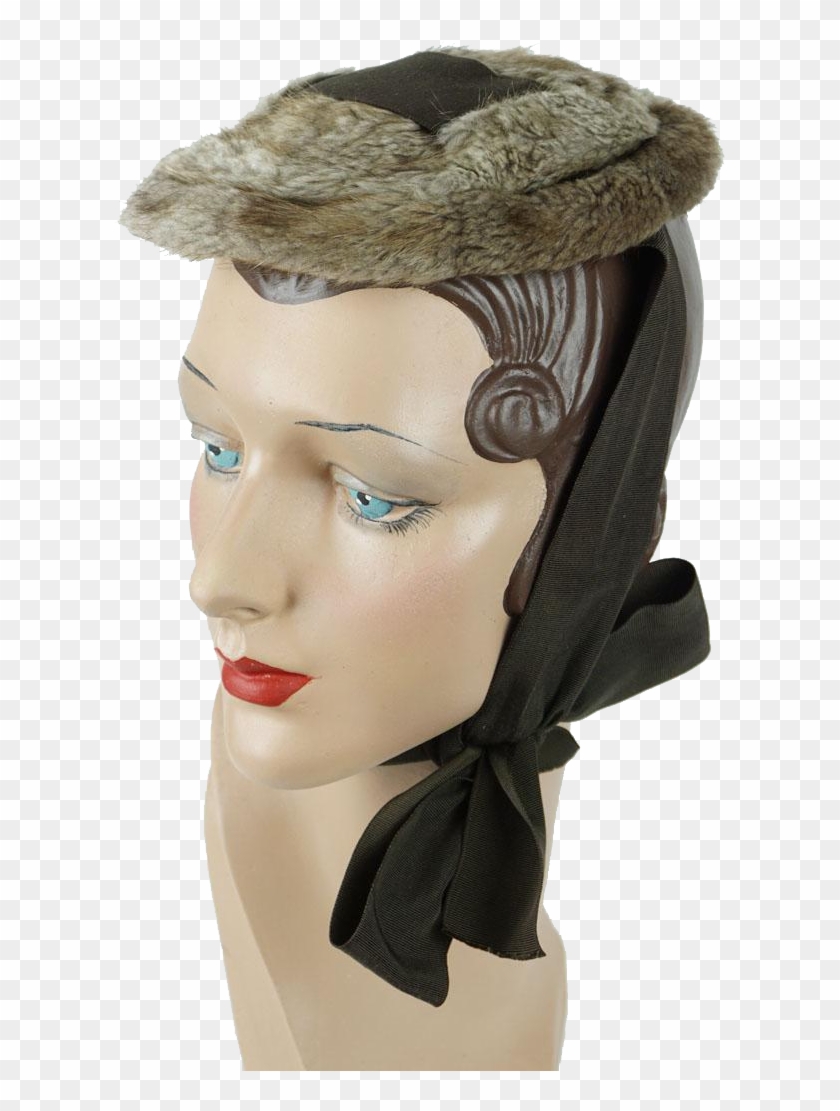 1930s Vintage Hat Fur Pancake Beret With Chin Ribbon - Costume Hat Clipart