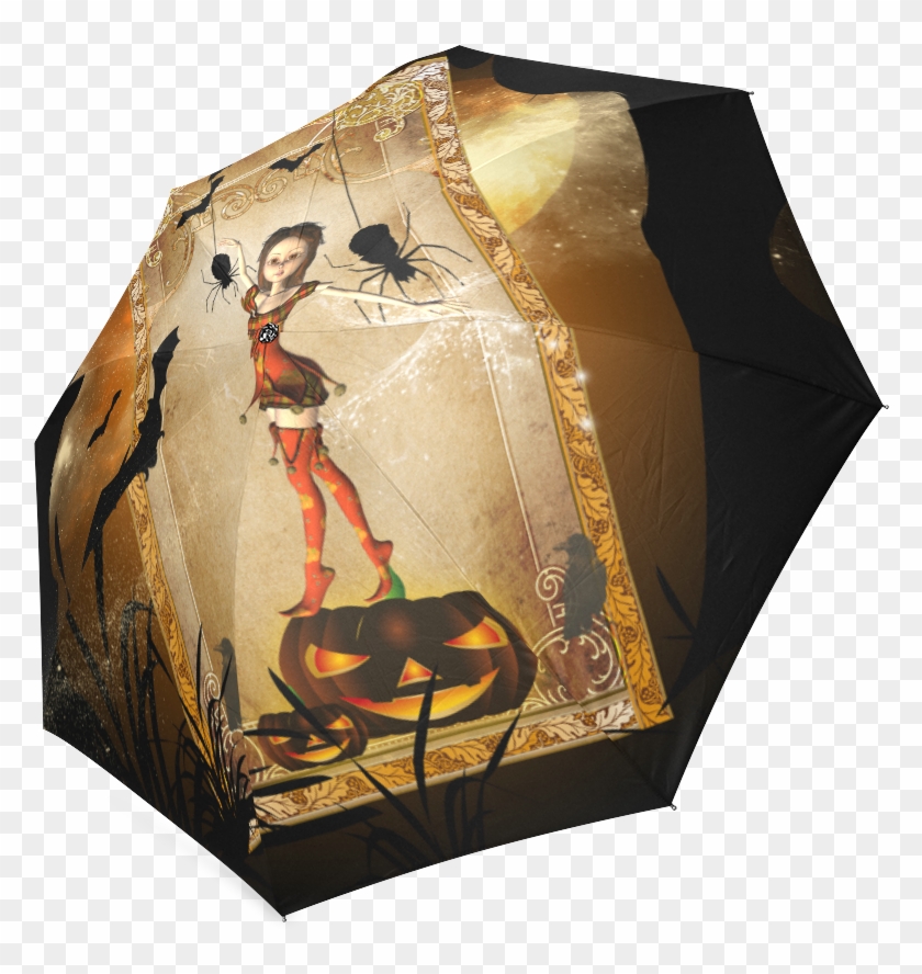 Halloween, Cute Girl With Spiders And Pumpkin Foldable - Umbrella Clipart