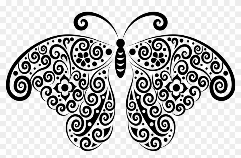 Floral Flourish Butterfly Silhouette - Butterfly Line Drawing With Flowers Clipart