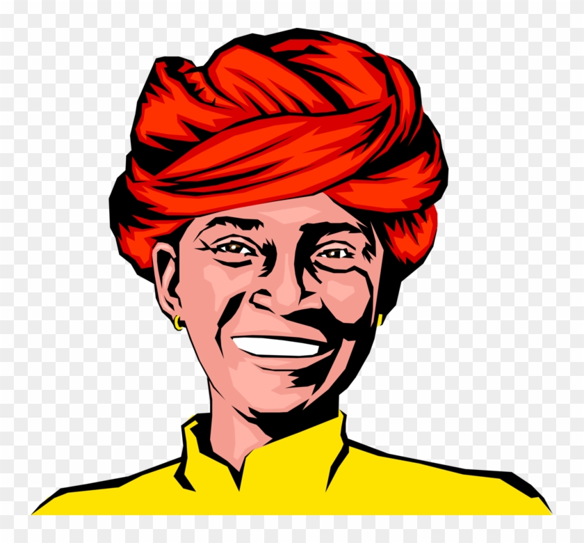 Vector Illustration Of Smiling Man With Turban Headwear - Happy Indian Farmer Vector Clipart