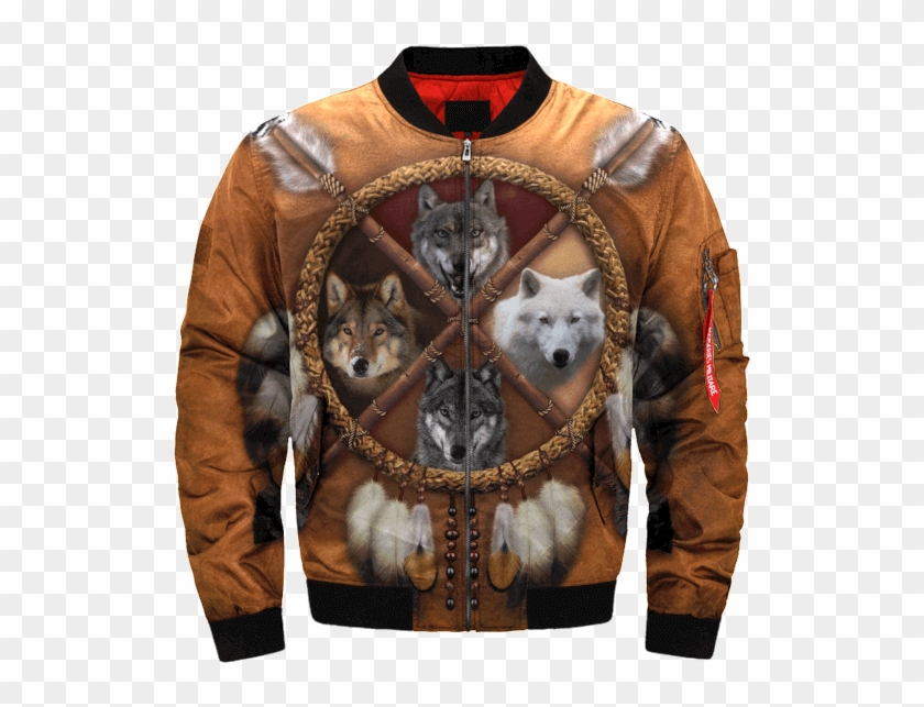 Com 4 Wolves Dream Catcher Native Over Print Bomber - Native Americans Wolf Tapestries Clipart
