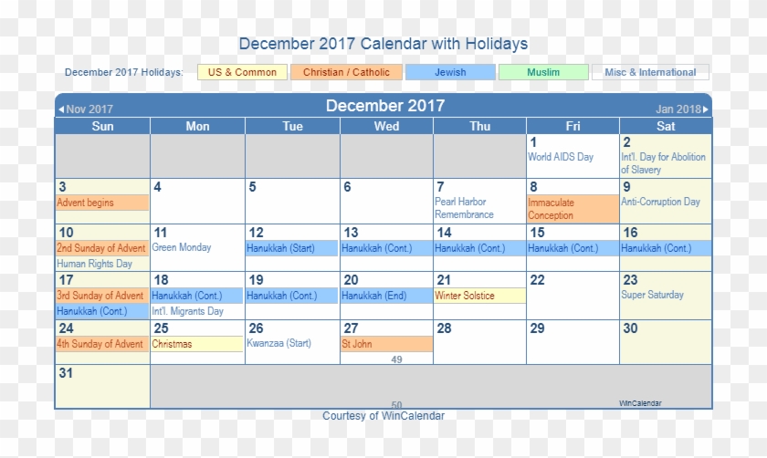 Printable December 2017 Calendar - December Holiday Calendar 2017 Clipart