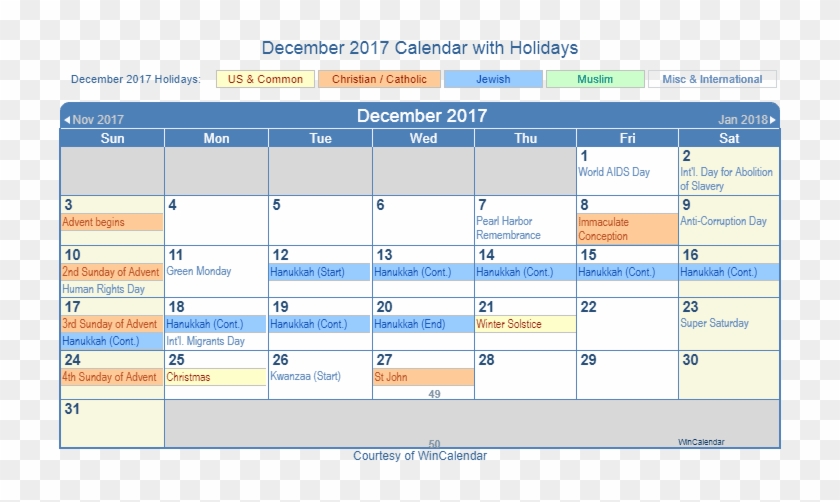 Printable December 2017 Calendar - December Holiday Calendar 2017 Clipart #2913810