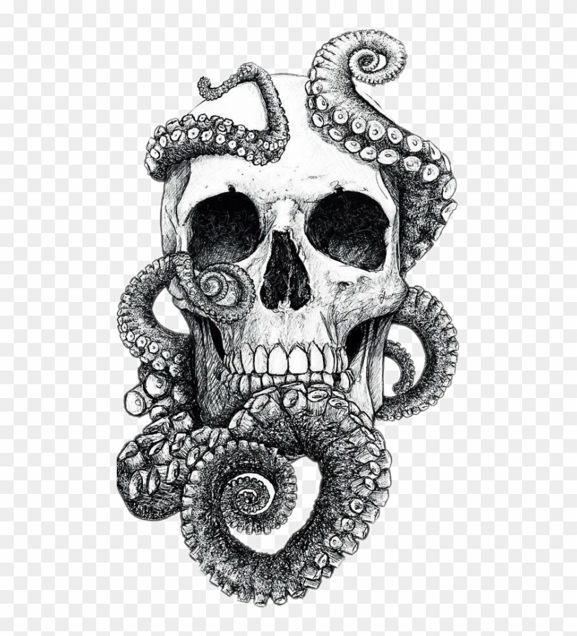 Blackandwhite Tentacles Tattoo - Skull And Tentacles Tattoo Clipart #2939904