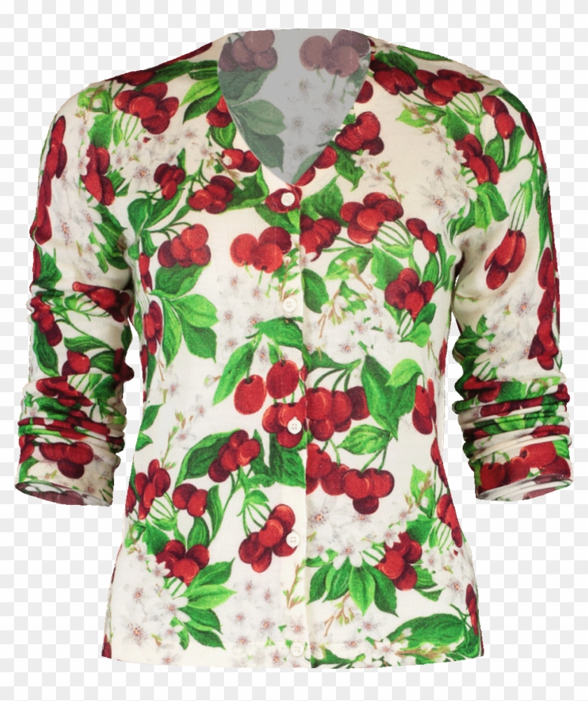 Red Cherry Blossom Print Cardigan - Blouse Clipart #2945175