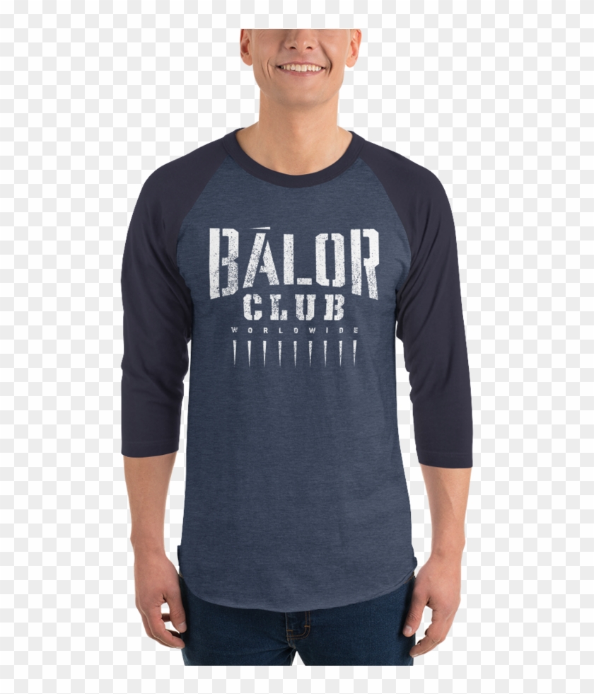 Finn Bàlor "bàlor Club Worldwide" 3/4 Sleeve Raglan - Balor Club Written On A Blue Shirt Clipart
