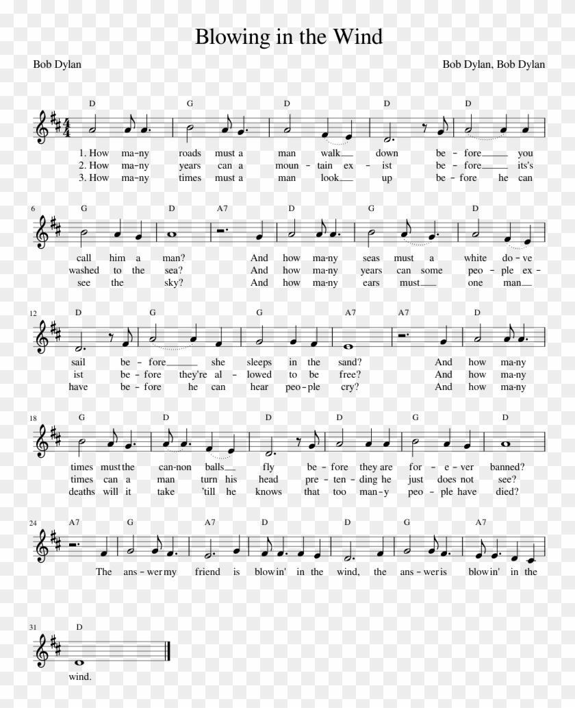 Blowing In The Wind Sheet Music Composed By Bob Dylan, - Sheet Music Clipart