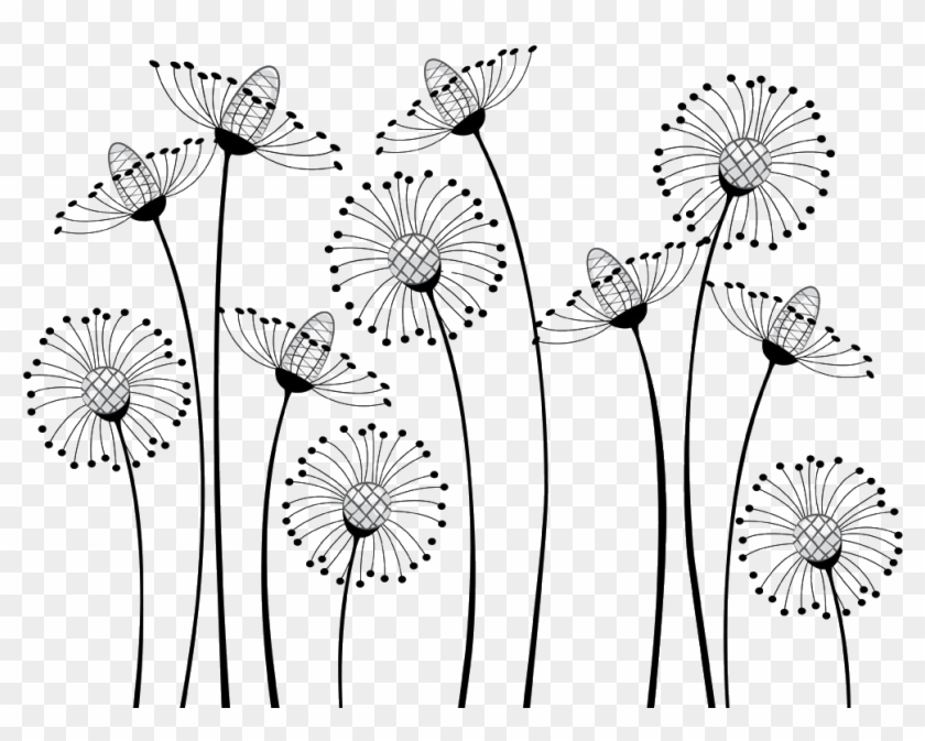Drawing Dandelion Cartoon - White Shower Curtain With Black Flowers Clipart #3054143
