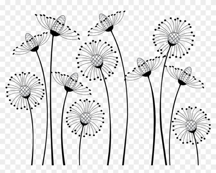 Drawing Dandelion Cartoon - White Shower Curtain With Black Flowers Clipart