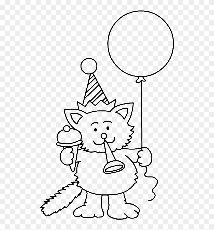 A Cat Blowing A Horn - Happy Birthday Cat Coloring Pages Clipart #3055636