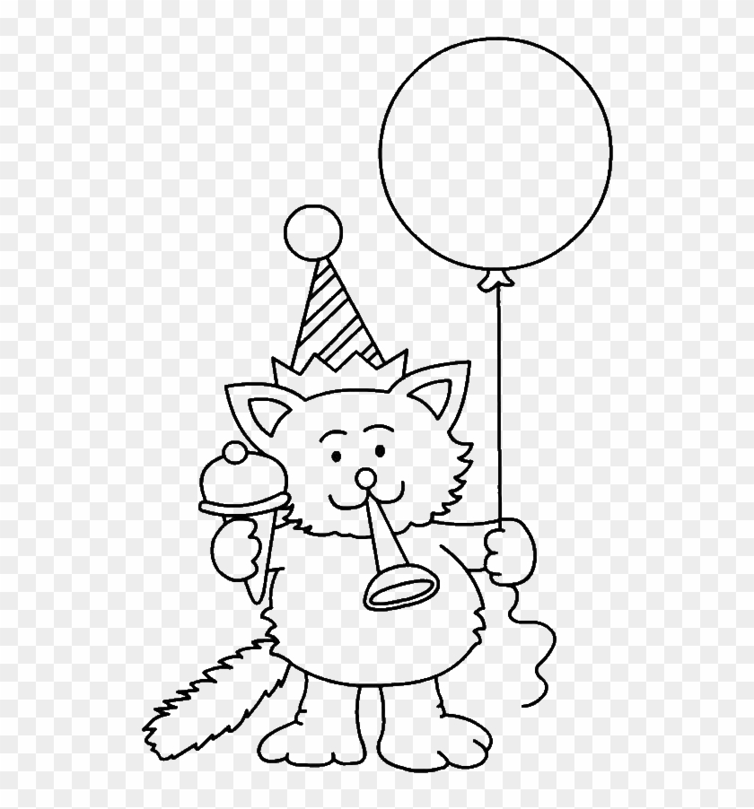 A Cat Blowing A Horn - Happy Birthday Cat Coloring Pages Clipart