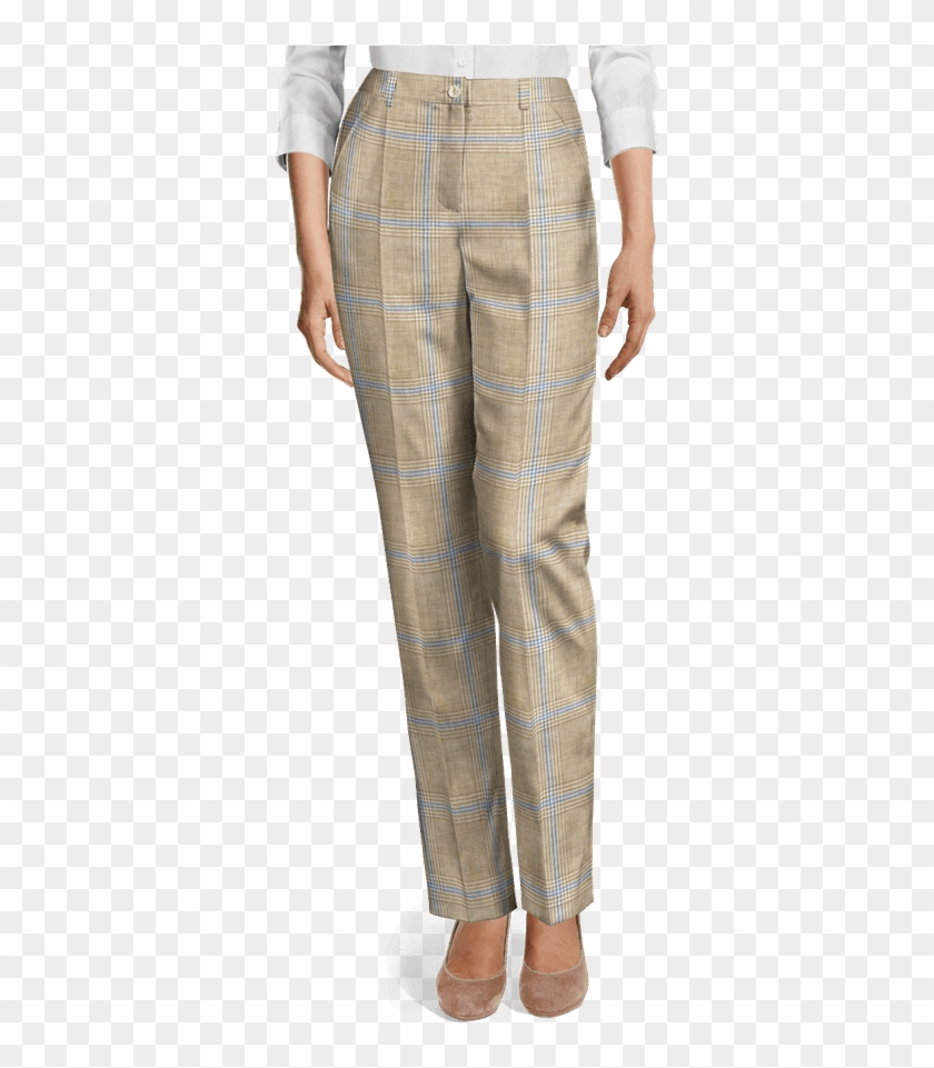 Beige Checked Linen High Waisted Pants-view Front - White Linen Wide Leg Pants Clipart #3060073
