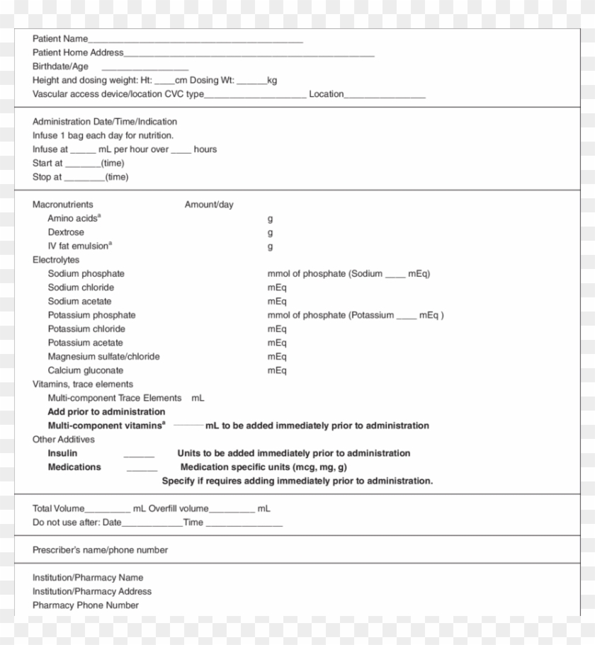 Standard Home Parenteral Nutrition Label Template Adult - Total Parenteral Nutrition Label Clipart