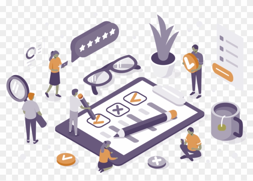 Customers Interacting With Surveys And Research Objects - Hero Image Clipart