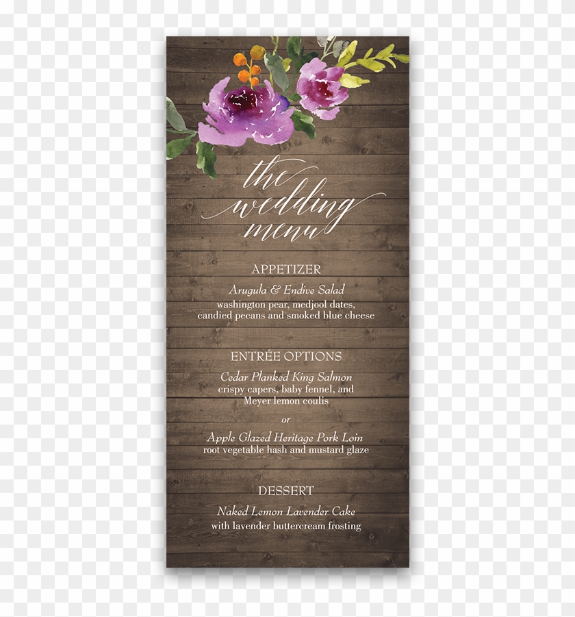 Rustic Wood Watercolor Floral Purple Wedding Menu - Pansy Clipart #3136356