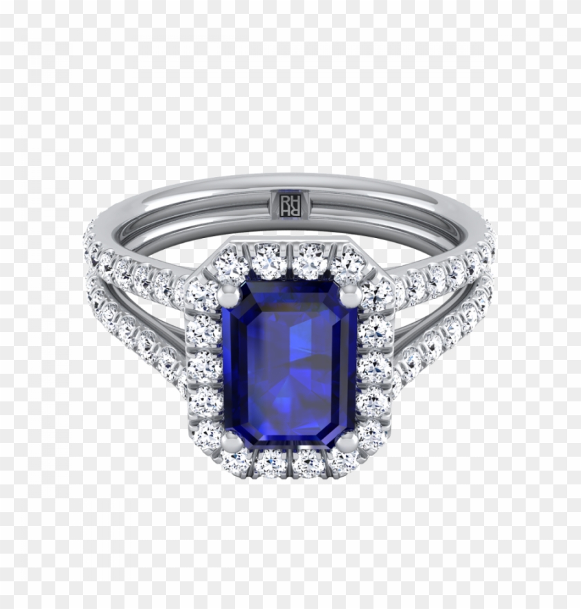 Emerald-cut Sapphire With Diamond Halo Engagement Ring - Engagement Ring Clipart