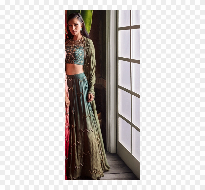 Evergreen Olive Ombre Chevron Zari Lehenga - Photo Shoot Clipart #3157919