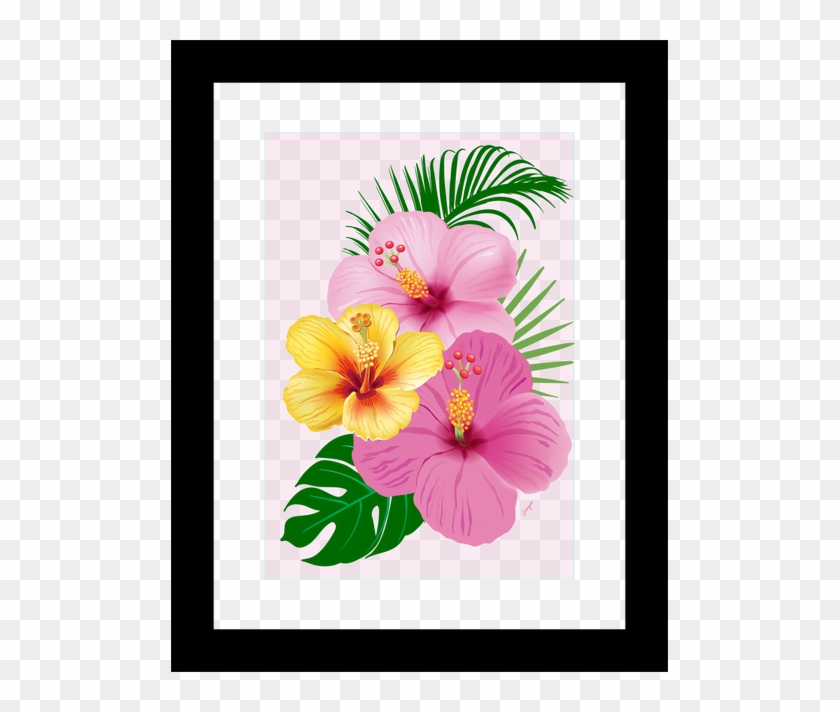 Beach Wall Art Framed Pink And Yellow Tropical Flowers, - Hawaiian Hibiscus Clipart #3159541