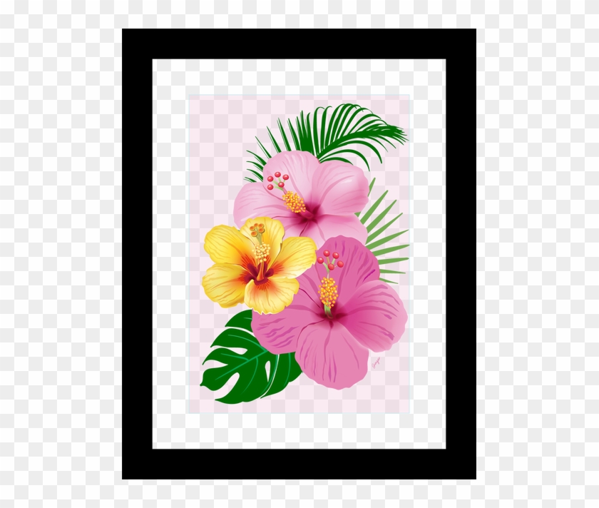 Beach Wall Art Framed Pink And Yellow Tropical Flowers, - Hawaiian Hibiscus Clipart