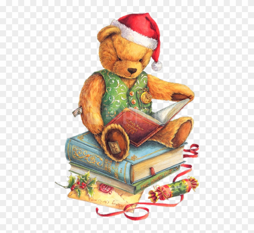 Free Png Christmas Teddy Bear With Santa Hat And Books - Christmas Clipart With Books Transparent Png #3174917
