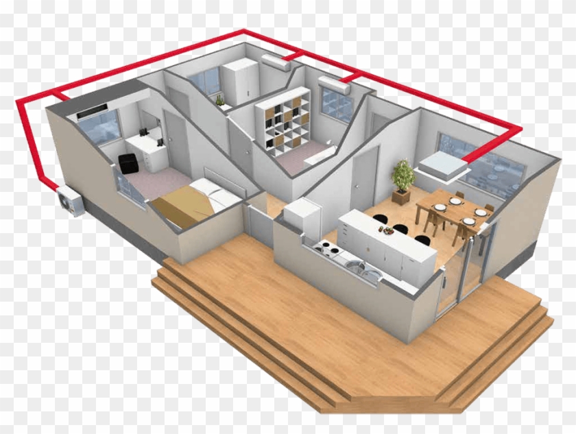 Multi Split System Diagram - Heat Pump Multi Room Clipart