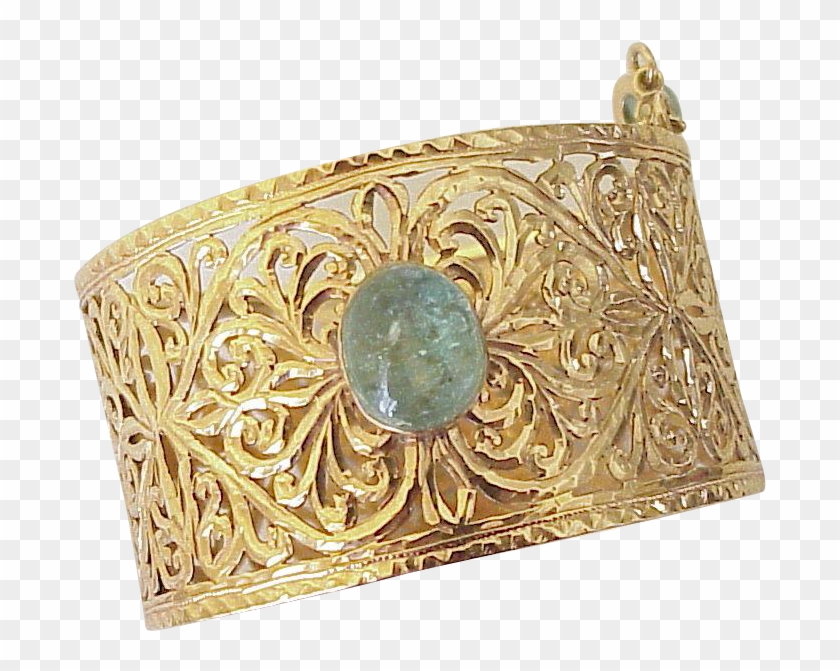18k Gold Wide Filigree Bangle Bracelet Emerald Cabochon - Brass Clipart