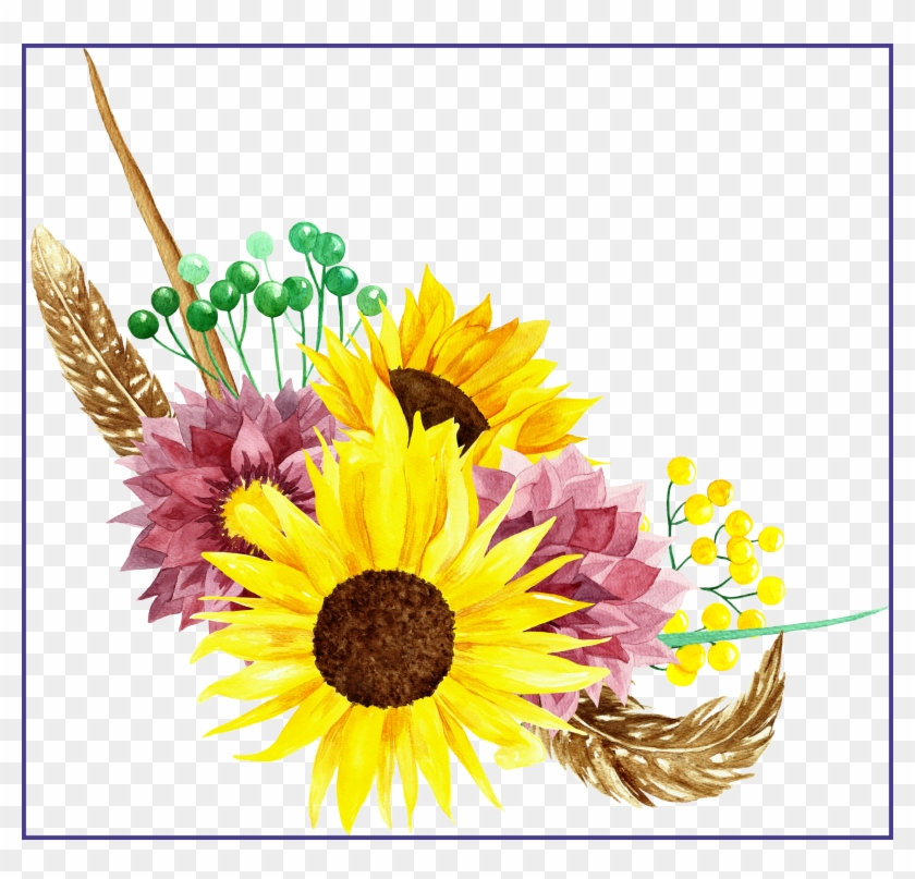 Awesome Watercolor Bouquets Flowers For Png Leaves - Sunflower Watercolor Flower Wreath Clipart #3225096