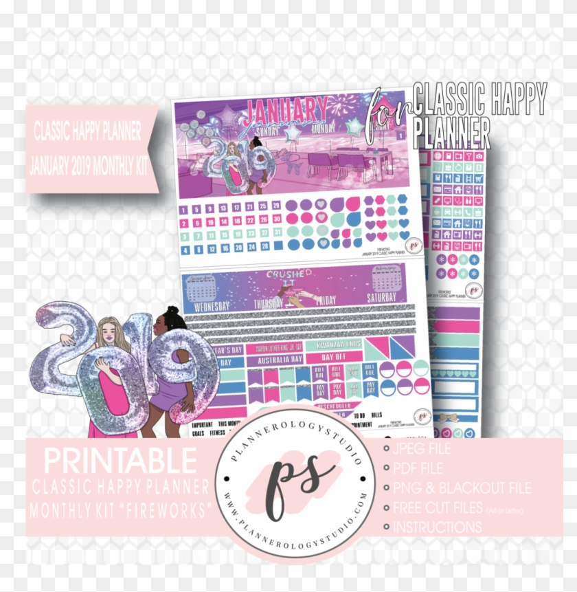 Fireworks New Years January 2019 Monthly View Kit Digital - Happy Planner Free Printable 2019 Monthly Kit Clipart #3237166