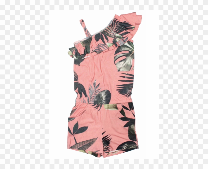 Coral Tropical Leaf Printed One Shoulder Jersey Romper - Day Dress Clipart