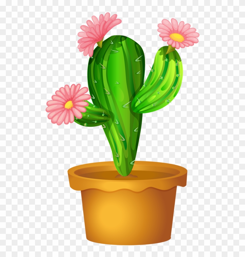 Flowerpots Clipart Cactus Pot - Cactus With Flower Cartoon - Png Download