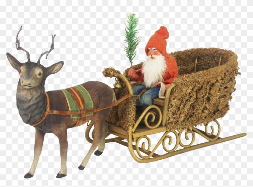 Antique German Santa In Loofah Sleigh With Candy Container - Reindeer Clipart