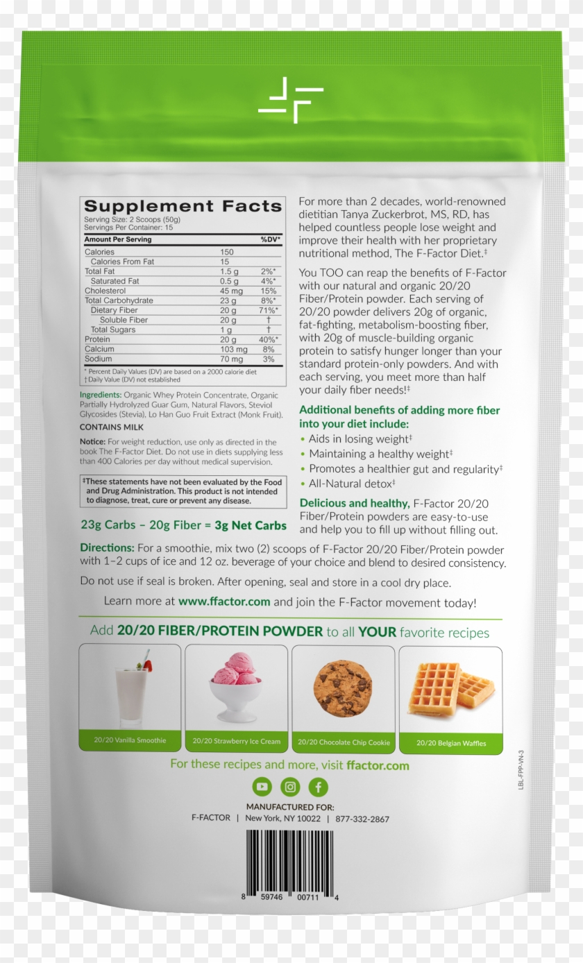 F Factor 20/20 Vanilla Protein Powder Back Label - F Factor Protein Powder Reviews Clipart #3282999