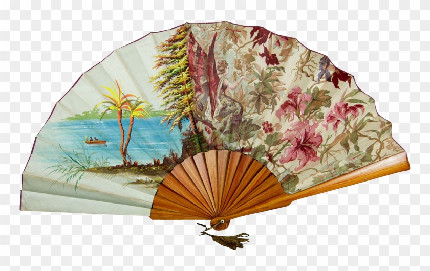 1920s Tropical Motif Cloth Fan With Winged Woman - Umbrella Clipart #3287058